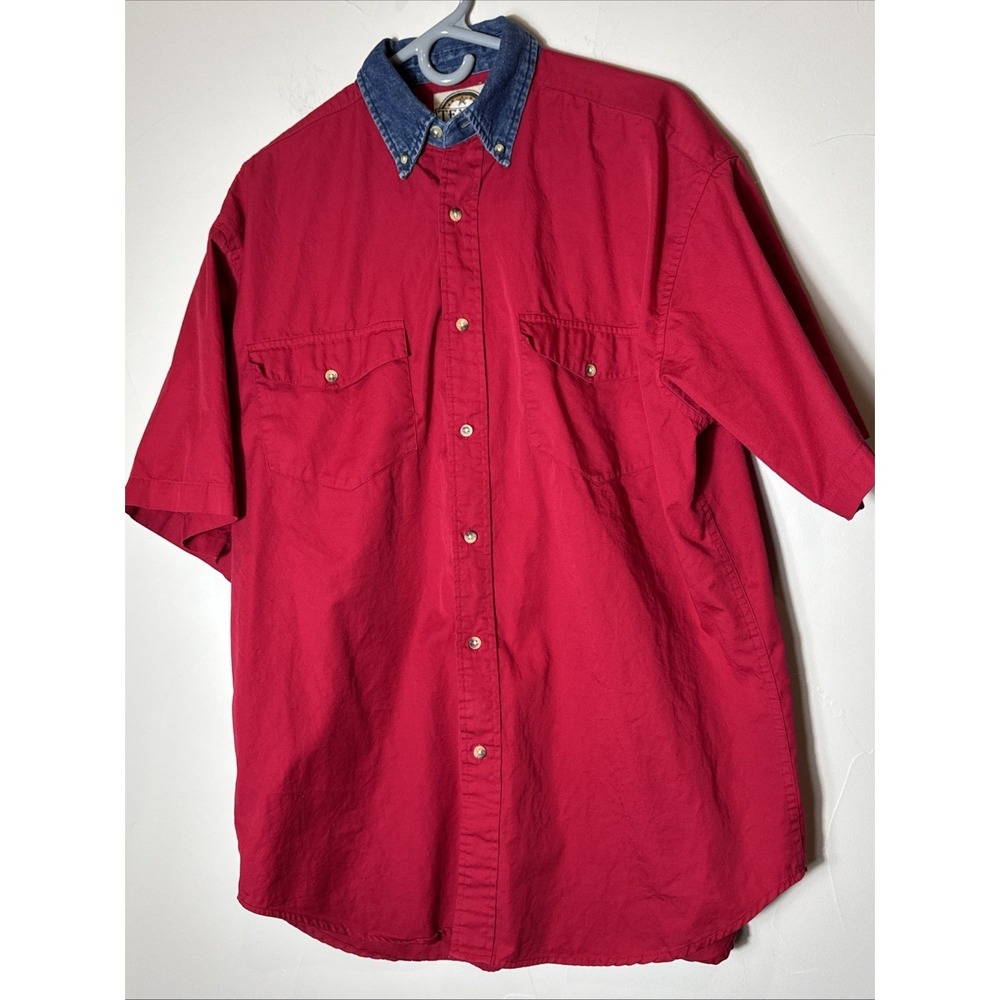 Vintage Texas Authentic‎ Dry Goods Shirt Red With Blue Denim Collar Mens LG